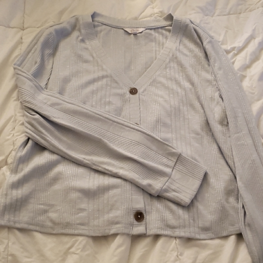 NWT Size XL Grey Shimmer Cropped Button-Down Sweater